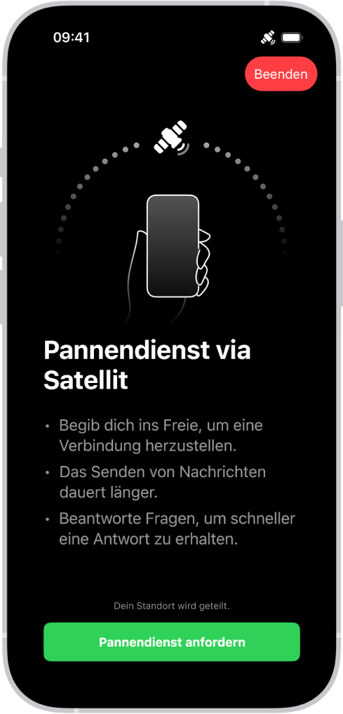 Der Bildschirm „Pannendienst via Satellit“ ist zu sehen. Unten auf dem Bildschirm befindet sich die Taste „‚Pannendienst anfordern“.