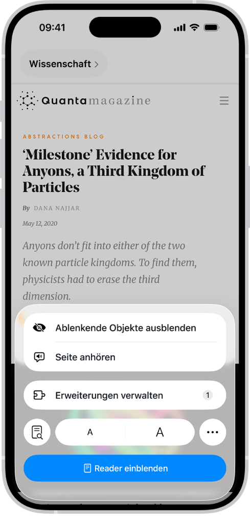 In Safari ist eine Website geöffnet und das Adressfeld zeigt an, dass der Reader für die Website verfügbar ist.
