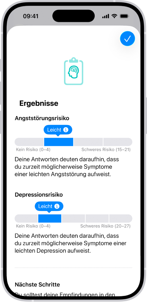 Ein Bildschirm mit den Ergebnissen eines Fragebogens zur psychischen Gesundheit in der App „Health“.