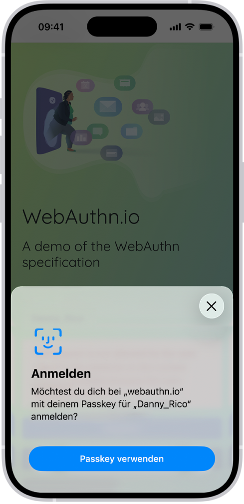 Auf der unteren Hälfte des iPhone-Bildschirms wird die Option zum Verwenden von einem Passkey für die Anmeldung bei einer Website angezeigt.