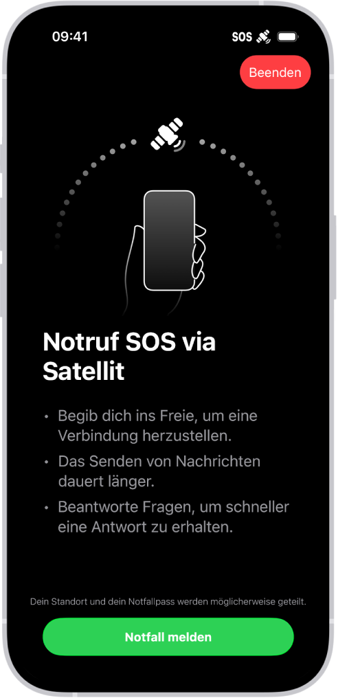 Der Bildschirm „Notruf SOS“ gibt an, dass das Handy verbunden ist, und die Anweisung, das Handy weiterhin in die Richtung des Satelliten zu halten, ist zu sehen. Unten auf dem Bildschirm ist die Taste „Notfall melden“ zu sehen.