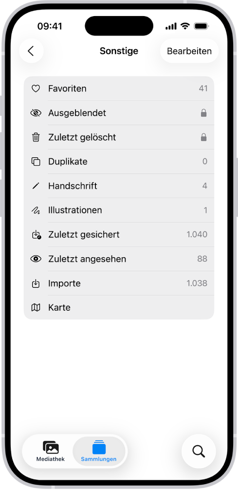 In der App „Fotos“ ist die Sammlung „Sonstige“ geöffnet und zeigt eine Liste mit Sammlungen von Fotos an.