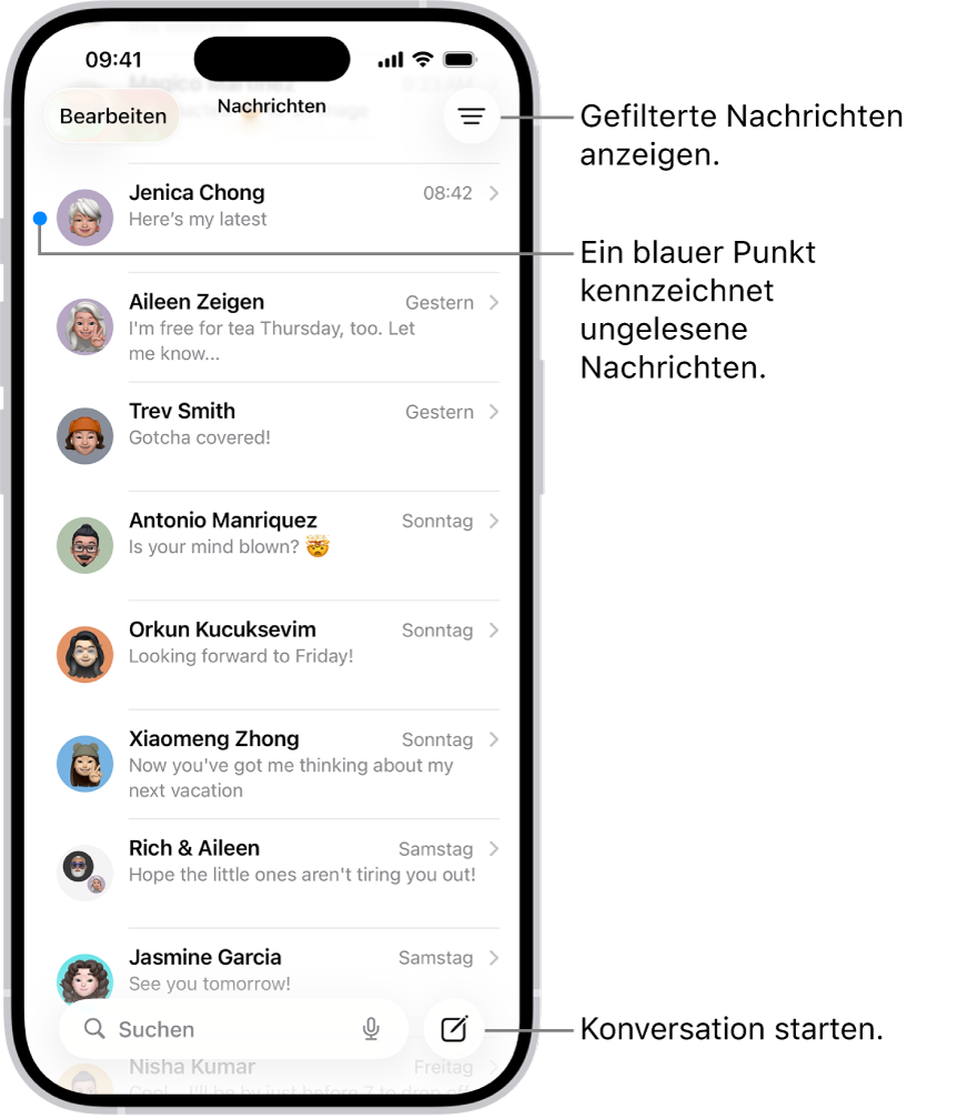 Die Konversationsliste in der App „Nachrichten“ mit der Taste „Erstellen“ unten rechts. Ein blauer Punkt links neben einer Nachricht besagt, dass die betreffende Nachricht noch nicht gelesen wurde.