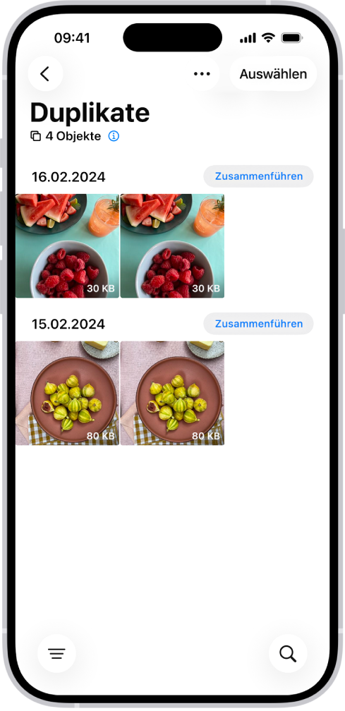 Der Bildschirm „Duplikate“ mit doppelten Fotos nebeneinander. Auf der rechten Seite des Bildschirms werden die Tasten „Zusammenführen“ angezeigt, mit denen du einzelne Fotopaare zusammenführen kannst.