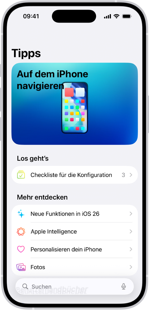 Ein Bildschirm mit einer Tippsammlung und Pfeilen, die anzeigen, dass du auf eine Sammlung tippen kannst, um die darin enthaltenen Tipps zu sehen.