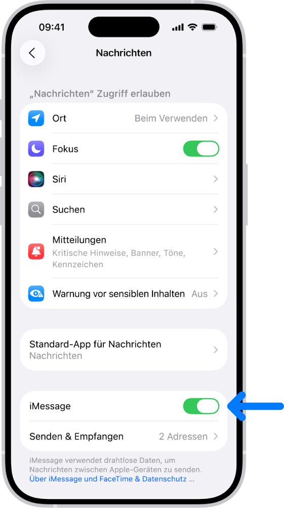 Der Einstellungsbereich „Nachrichten“. „iMessage“ ist aktiviert.