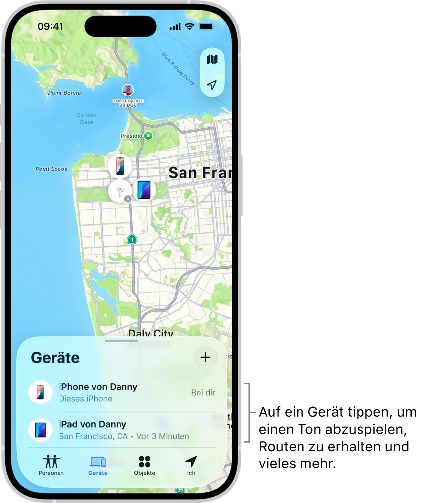 Der Bildschirm „Wo ist?“ mit geöffneter Liste „Geräte“. Die Liste „Geräte“ enthält zwei Geräte: „iPhone von Danny“ und „iPad von Danny“. Ihre Standorte werden auf einer Karte angezeigt.