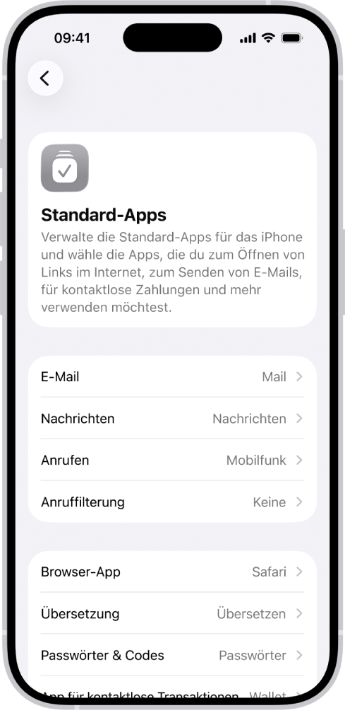Der Bildschirm für das Ändern der Standard-Apps zum Senden von E-Mails, Surfen im Web und mehr.