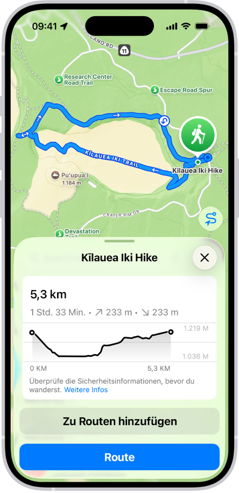 Eine Übersicht einer ladbaren Wanderung mit Distanz, Höhenprofil, geschätzter Dauer und Optionen zum Sichern oder Erhalten einer Wegbeschreibung zum Startpunkt der Wanderung.