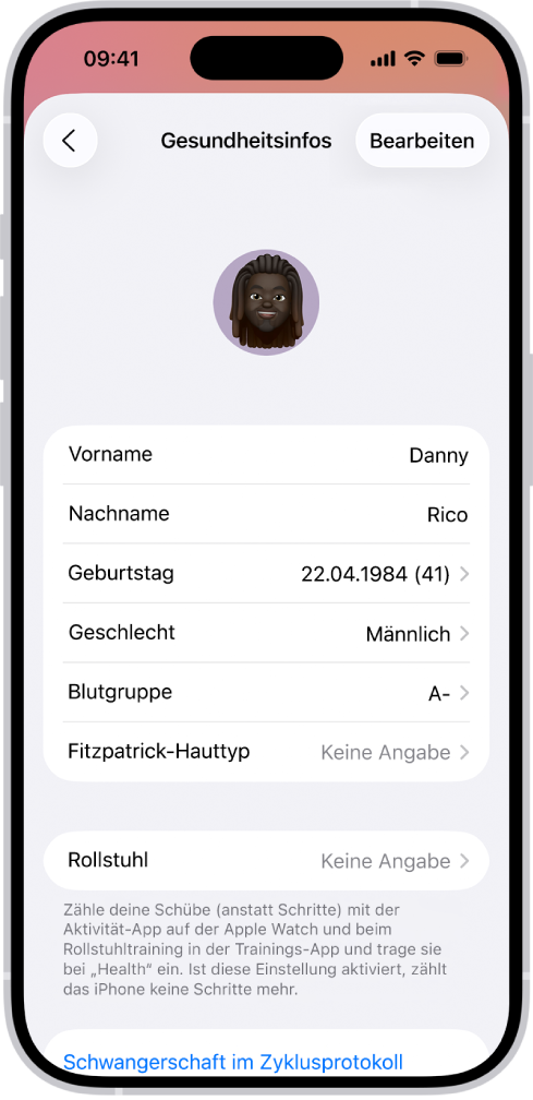 Der Bildschirm „Gesundheitsinfos“ mit Feldern für „Name“, „Geburtsdatum“, „Blutgruppe“ und weitere Informationen.
