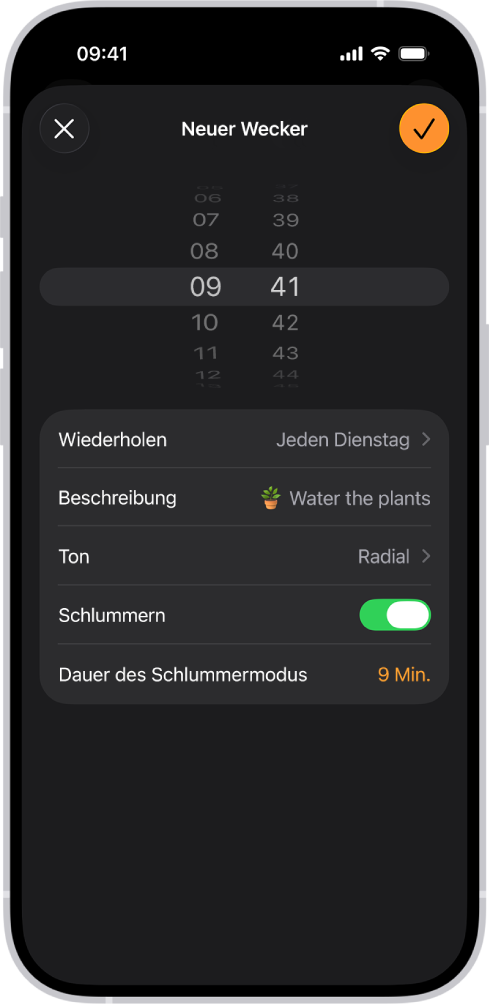 Ein Bildschirm zum Ändern eines Weckers mit Einstellungen zum Festlegen der Uhrzeit und Optionen zum Auswählen der Wiederholung, Eingeben einer Beschreibung, Auswählen eines Tons, Aktivieren der Schlummerfunktion und Ändern der Schlummerdauer.