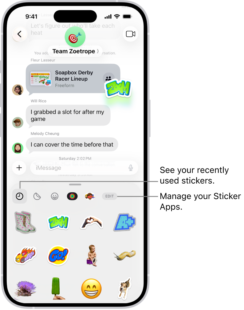 Stickers appear below a conversation. Each button across the top of the card opens a sticker pack.