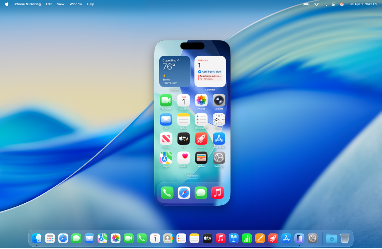 The iPhone Mirroring app appears on a Mac computer desktop.