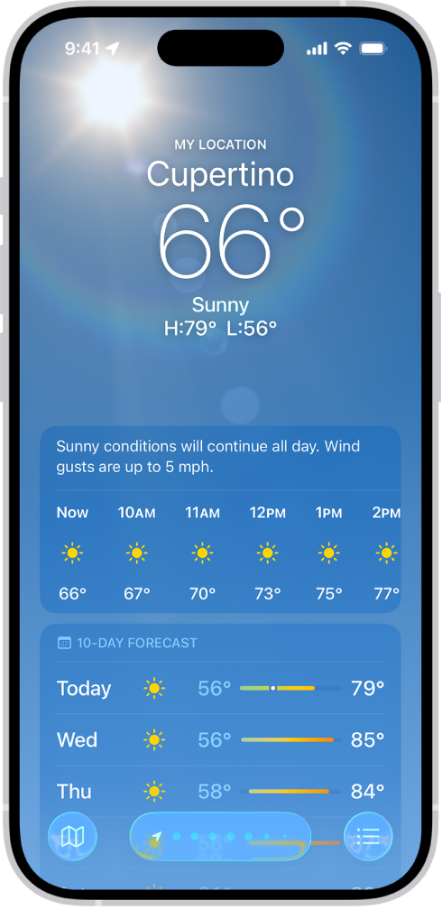 The Weather app showing, from top to bottom: the location, current temperature, the high and low temperatures for the day, hourly forecast, and the first few days of a 10-day forecast. A row of dots at the bottom center represent other locations in the location list. At the bottom-right corner is the Location List button and at the bottom-left corner is the Show Map button.