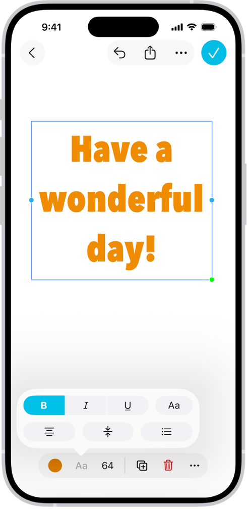 A Freeform board showing a text box selected and the text formatting tools below it.
