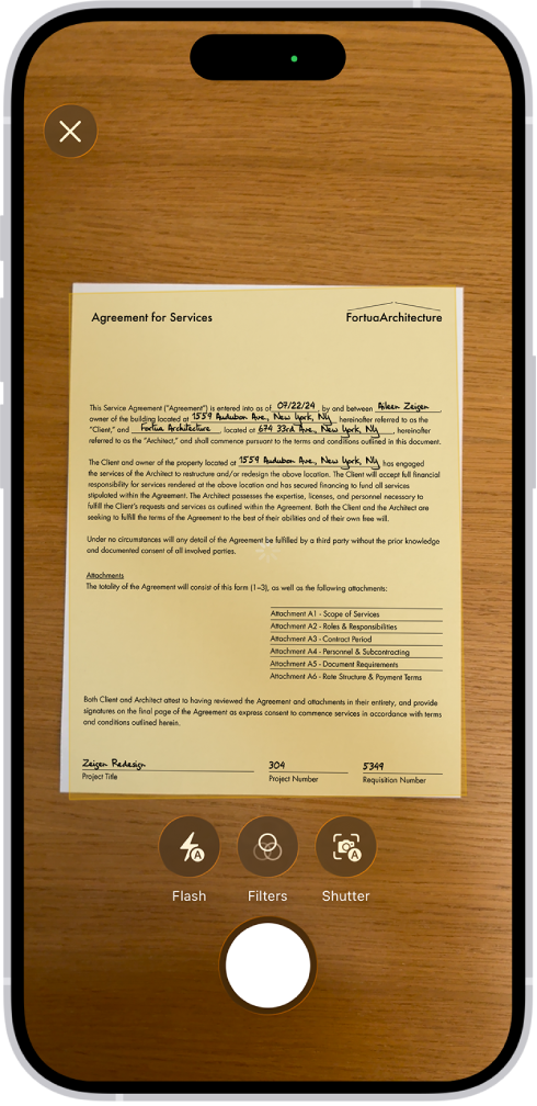 A screen showing a document being scanned. The Take Picture button is at the bottom center.