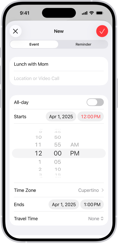 A calendar event showing settings for the time and time zone of the event.