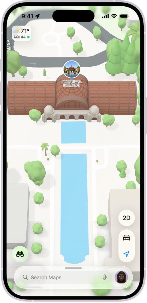 A 3D map in the Maps app, showing a bridge and a park.