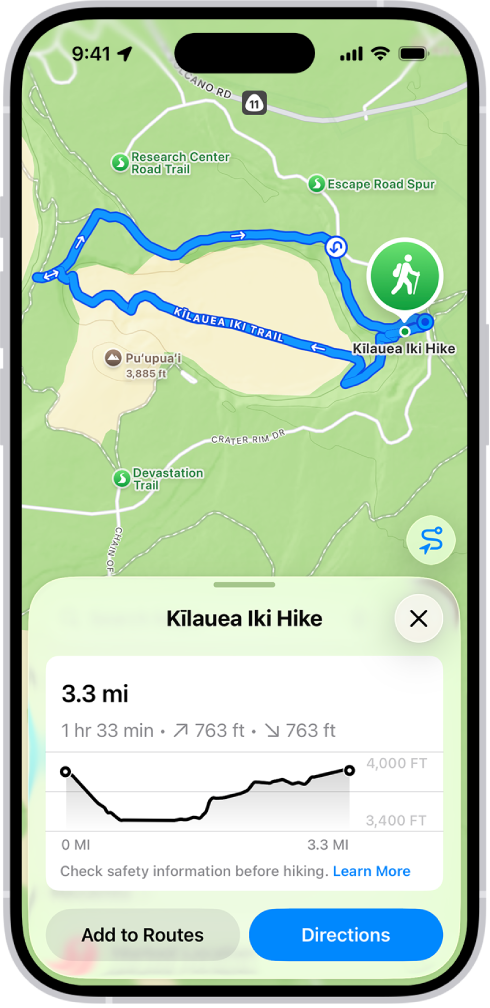 An overview of a downloadable hike, with distance, elevation profile, estimated time, and options to save or get directions to the start of the hike.