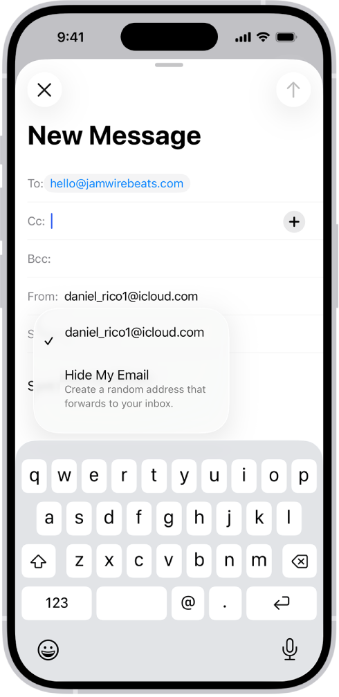 A draft email being composed. The From field is selected with two options listed below it—a personal email address and Hide My Email.
