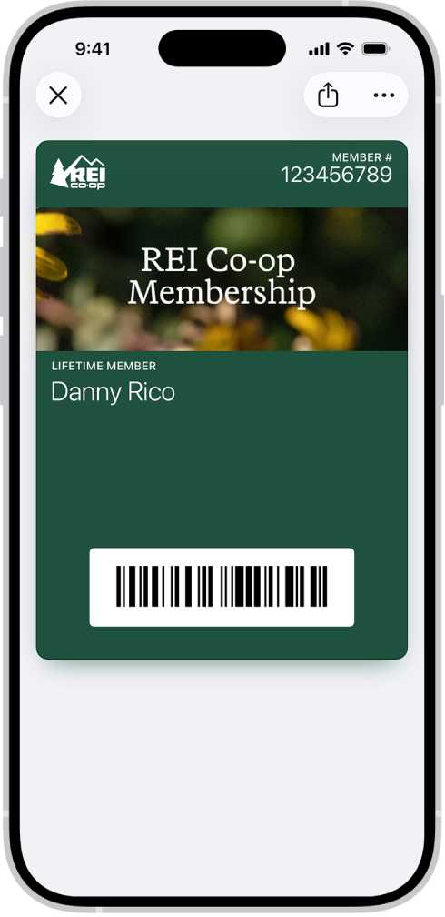 A membership card in the Wallet app, showing a barcode.