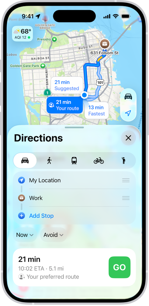 The Maps app showing several driving route options to the same destination. Each route shows the estimated time and distance, and a Go button to start turn-by-turn directions. Color coding on each route indicates traffic conditions.