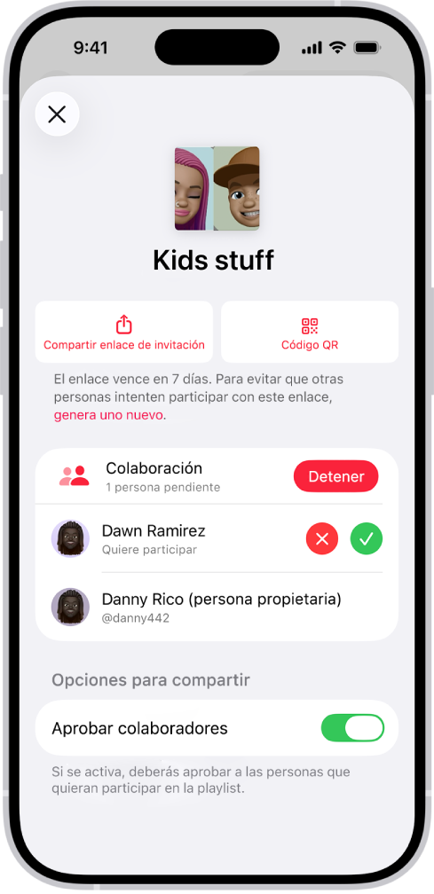 La pantalla Administrar colaboración en la app Música.