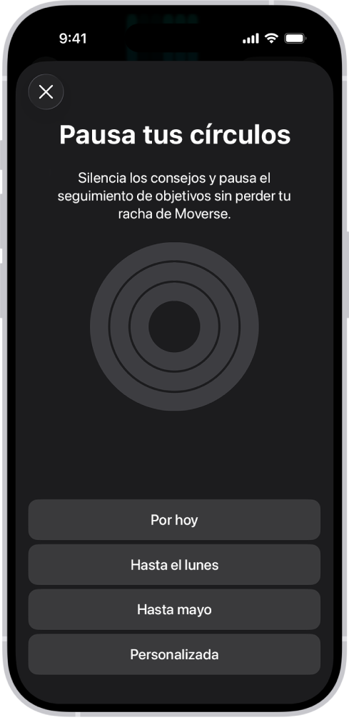 La pantalla Pausar tus círculos de la app Fitness mostrando las opciones para pausar los círculos de Actividad.