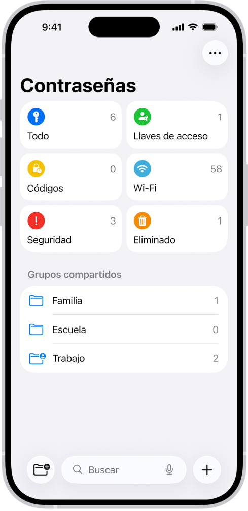 La pantalla Inicio de la app Contraseñas, con los botones Todo, Llaves de acceso, Códigos de verificación, Wi-Fi, Seguridad y Eliminado, junto con una lista de Grupos compartidos.
