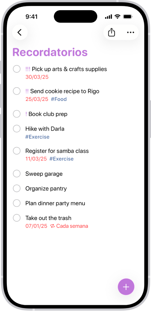 La app Recordatorios, mostrando que se está agregando una nueva tarea a la lista Recordatorios.