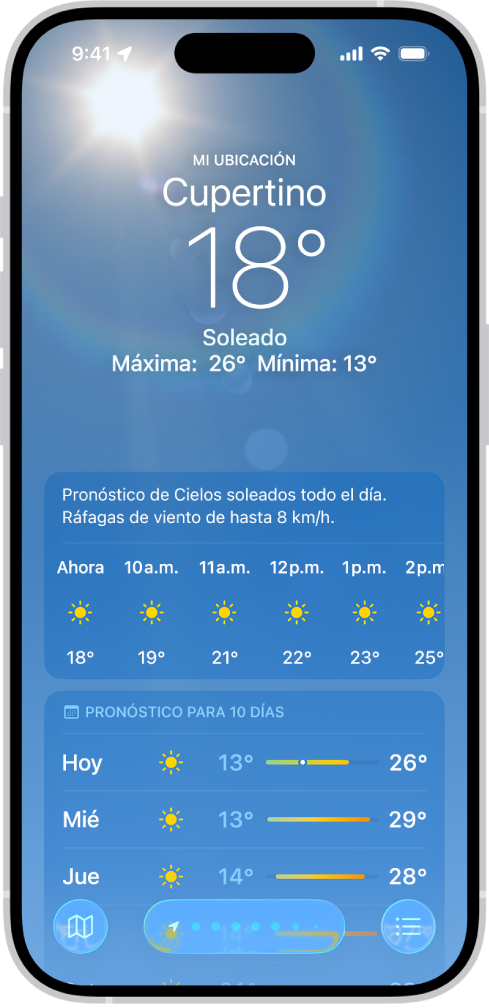 La app Clima mostrando desde la parte superior a la inferior: la ubicación, la temperatura actual, las temperaturas máxima y mínima del día, el pronóstico por horas y un pronóstico de 10 días. Una fila de puntos en la parte central inferior representa otras ubicaciones en la lista. En la esquina inferior derecha se encuentra el botón Lista de ubicaciones y, en la esquina inferior izquierda, está el botón Mostrar mapa.