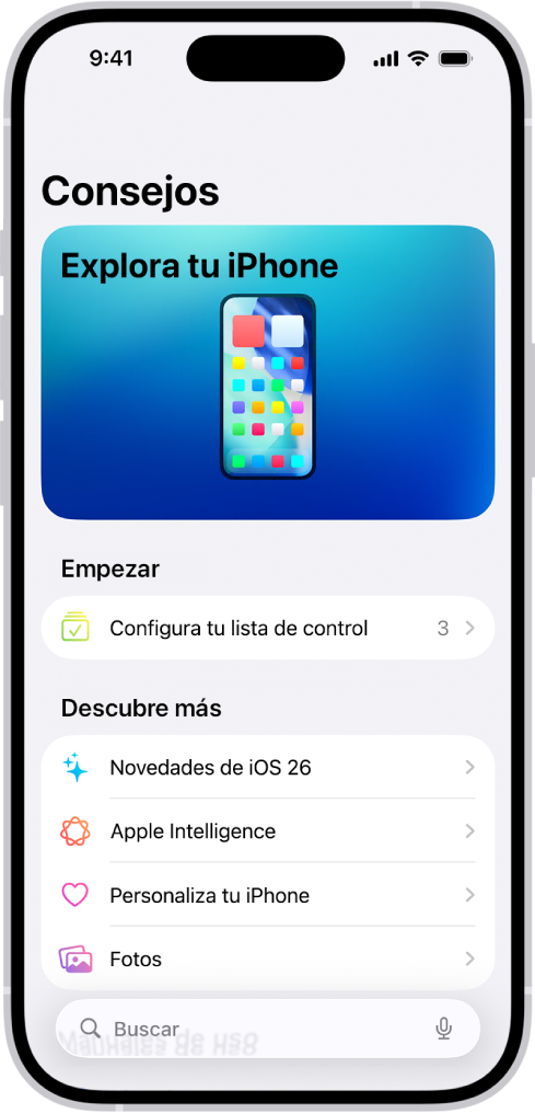 Una pantalla mostrando una colección de consejos con flechas que indican que puedes tocar una colección para ver consejos.