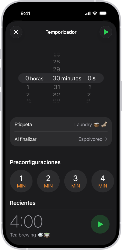 Una pantalla para agregar un temporizador, con opciones para establecer un temporizador y para empezar un temporizador que se creó recientemente.