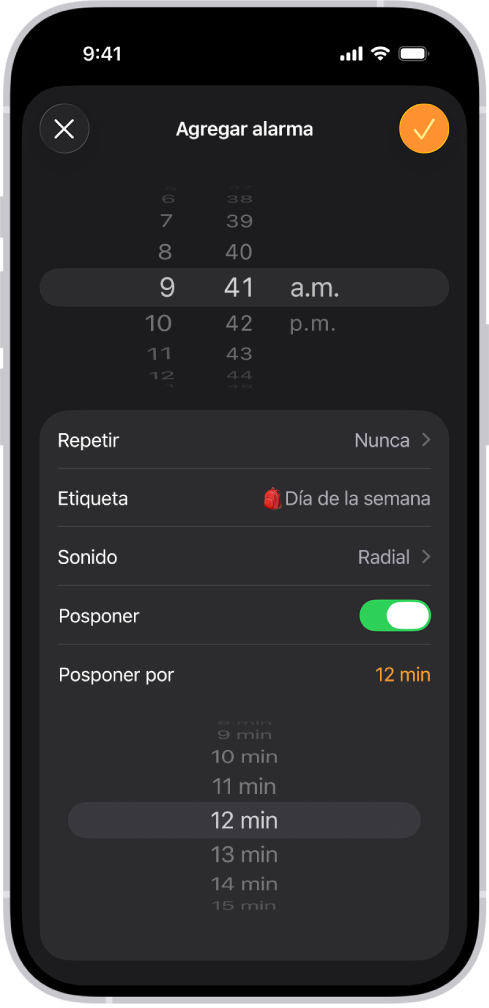 La pantalla Agregar alarma en la app Reloj. El botón Posponer está activado y la duración de la posposición está configurada en un tiempo personalizado de 12 minutos.