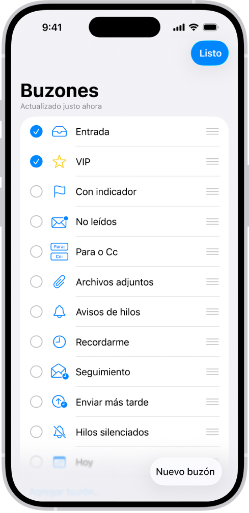 La pantalla de edición de buzones. Los buzones opcionales se muestran de arriba a abajo con una casilla de selección a la izquierda de cada opción. En la esquina inferior derecha de la pantalla está el botón Nuevo buzón.