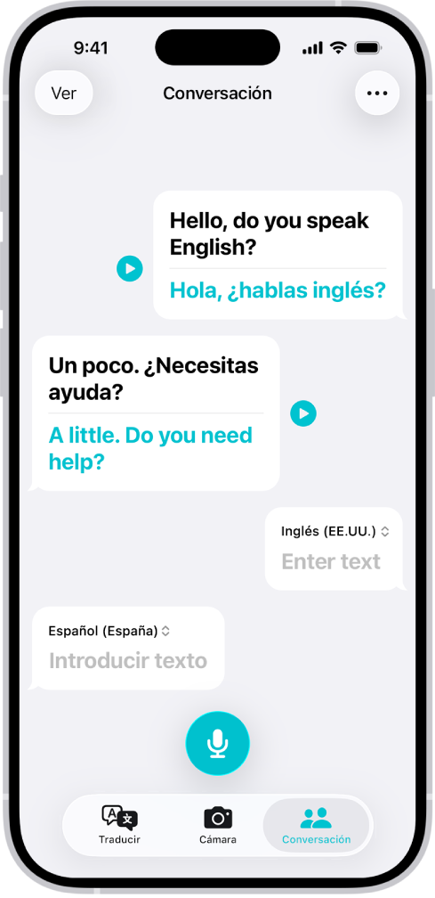 La pestaña Conversación mostrando globos de mensajes y sus traducciones.