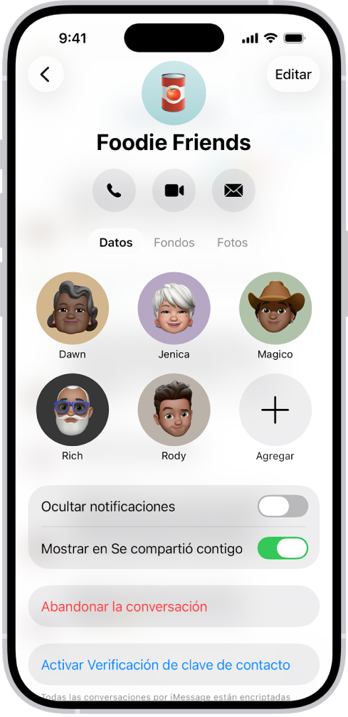 Los detalles de una conversación grupal.