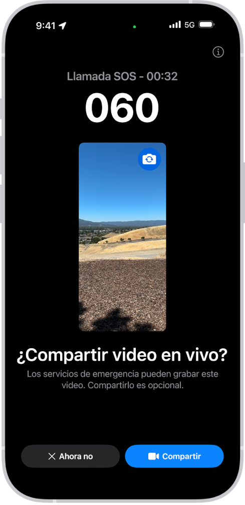 Una pantalla de Video en vivo de Emergencia SOS que muestra una llamada de emergencia al 911 con una vista previa de video en el centro. En la parte inferior están los botones No ahora y Compartir video.