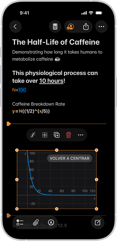 Una nota matemática abierta en Calculadora, con una variable declarada, una ecuación y una gráfica.