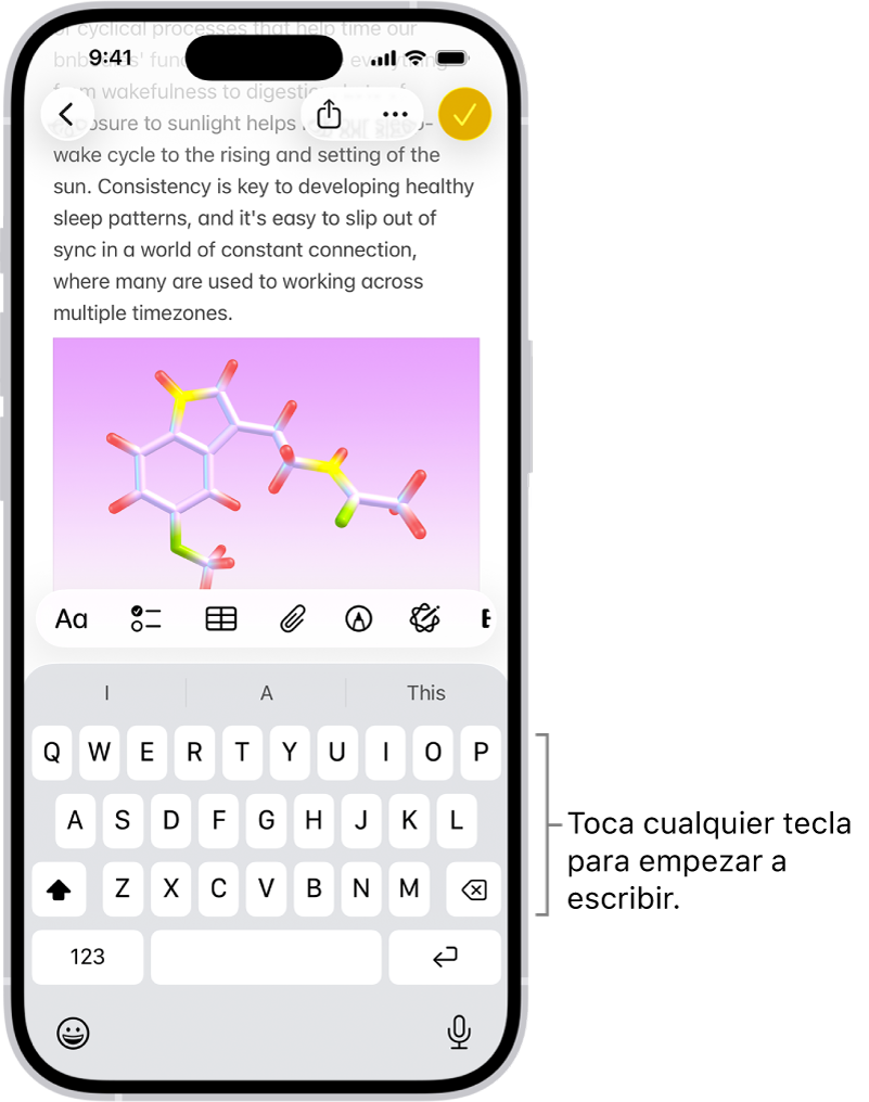 En la app Notas, hay un documento abierto. En teclado en pantalla está en la mitad inferior de la pantalla.