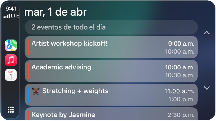 CarPlay muestra Mapas, Música y Calendario en la barra lateral. A la derecha están los eventos del lunes 5 de junio, que incluyen una sesión de trabajo, un taller de habilidades de liderazgo, la preparación de una presentación, y la práctica del coro.