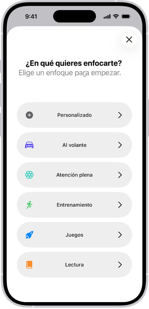 Pantalla de configuración con las opciones de enfoque adicionales que se proporcionan, incluyendo Al volante, Entrenamiento, Juegos, Atención plena y Lectura.