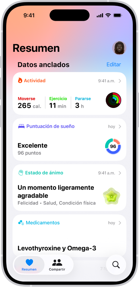 La pantalla Resumen de la app Salud. La información sobre actividad, puntuación de sueño, estado de ánimo y medicamentos aparece debajo de Destacado.