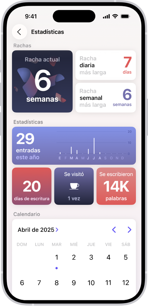 Una pantalla en la app Diario mostrando la racha actual y métricas como el número de palabras escritas.