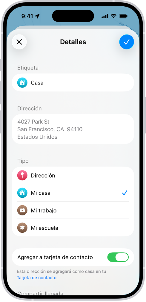 La app Mapas mostrando la pantalla de detalles con opciones para definir una dirección como de casa, trabajo o escuela.