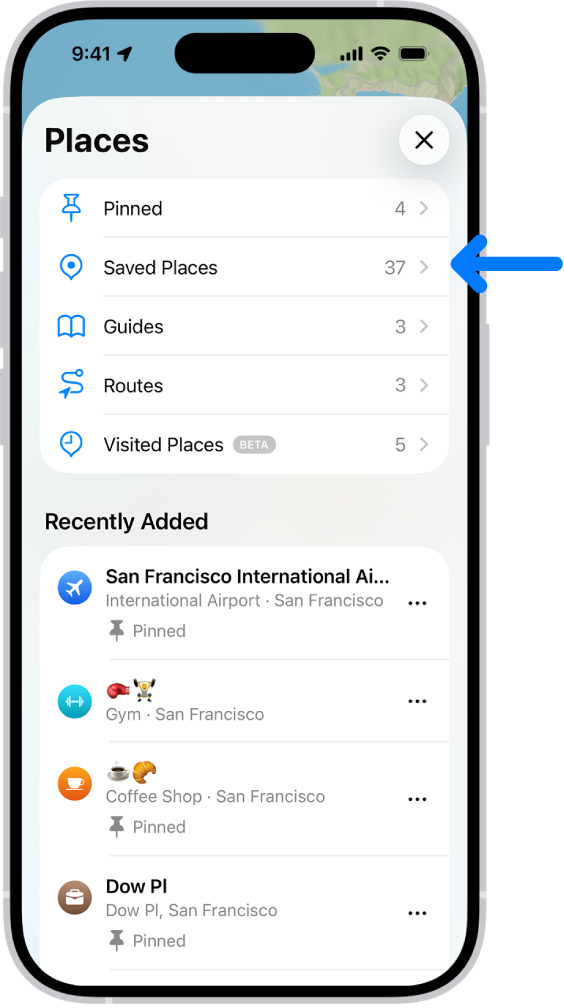Pantalla Sitios en la app Mapas con una lista de categorías de sitios, como “Sitios fijados”, “Sitios guardados” y Guías. Debajo, la sección “Añadidos recientemente” muestra las ubicaciones vistas.