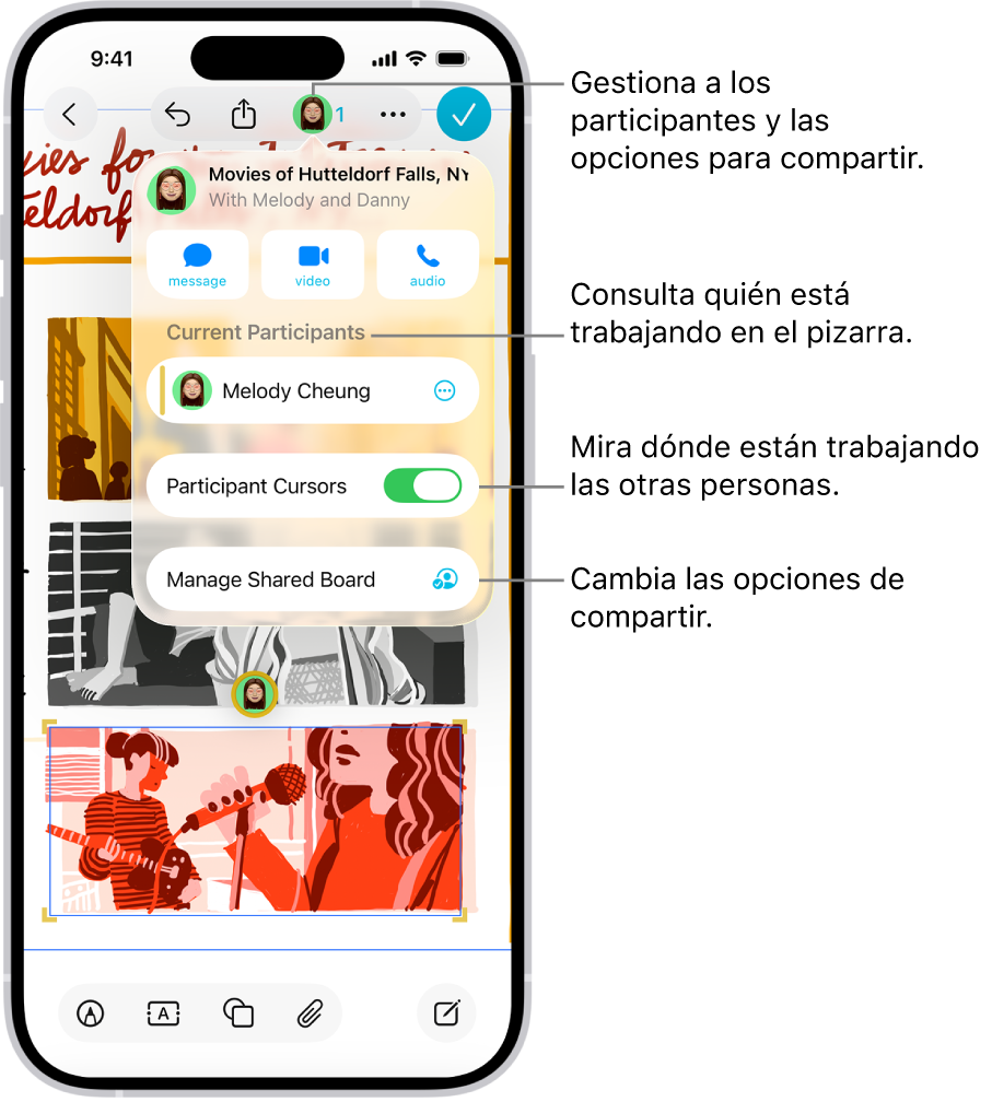 Una pizarra de Freeform compartida en el iPhone con el menú de colaboración abierto.
