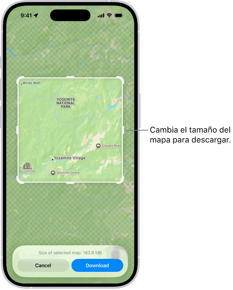 Mapa con un parque nacional. El parque está rodeado por un rectángulo con tiradores, que se pueden mover para redimensionar el mapa que se va a descargar. El tamaño de descarga del mapa seleccionado se indica cerca de la parte inferior del mapa. Los botones Cancelar y Descargar están en la parte inferior de la pantalla.
