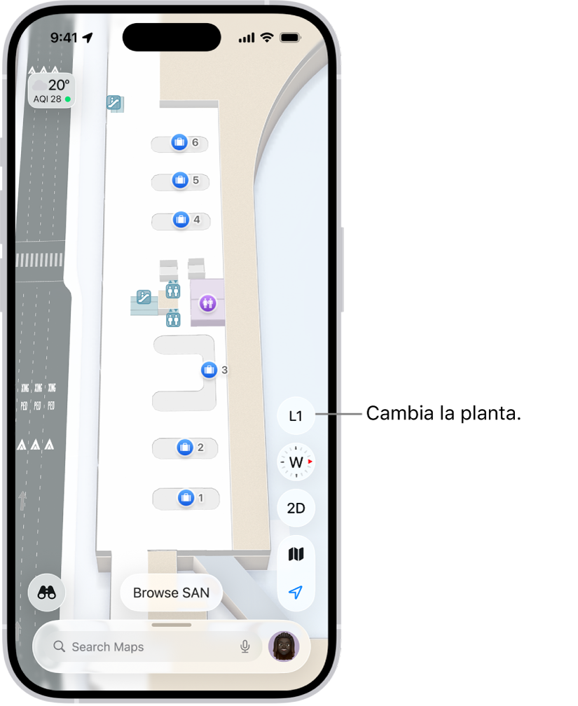 Plano de recinto de una terminal de aeropuerto. Incluye ítems como un punto de control de inmigración, escaleras, aseos y primeros auxilios. En los mapas con varias plantas, puedes cambiar de nivel con el botón marcado como N1 (nivel 1).