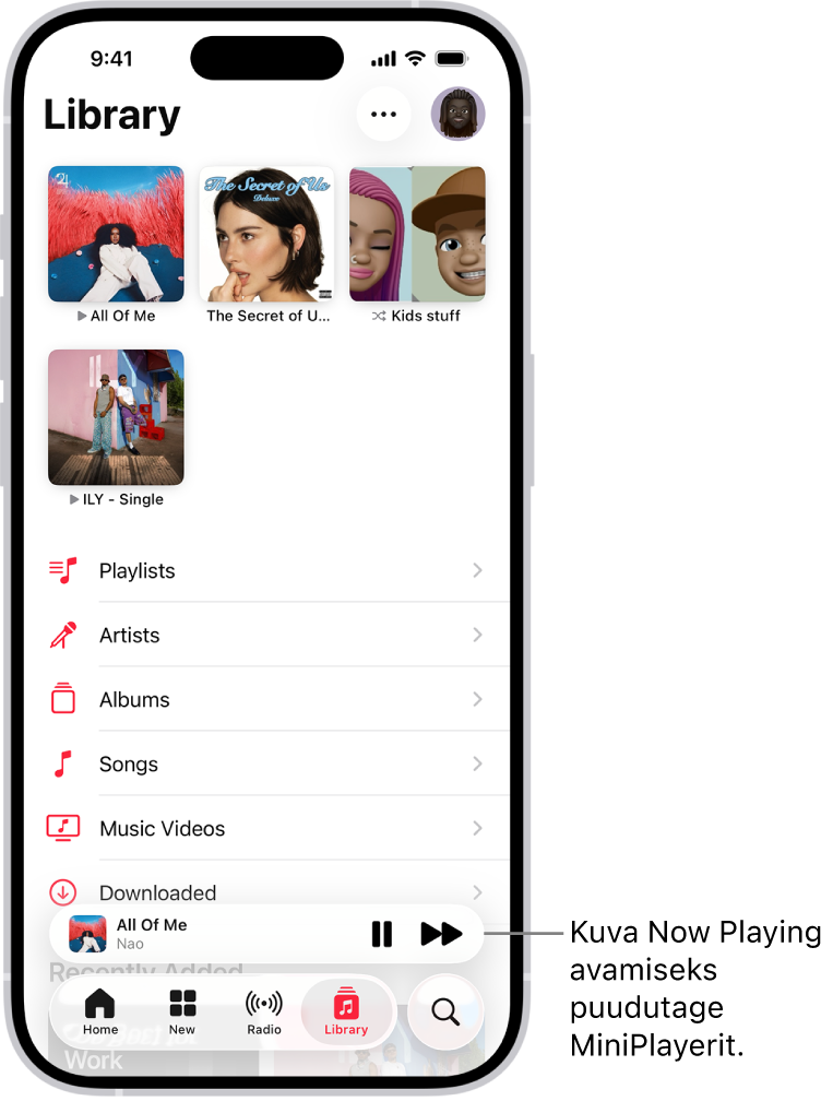 Vahekaardi Library allosas on MiniPlayer. MiniPlayer näitab hetkel esitatava loo pealkirja. Loo pealkirjast paremal on nupud Pause ja Next Track. Kuva Now Playing kuvamiseks puudutage MiniPlayerit.
